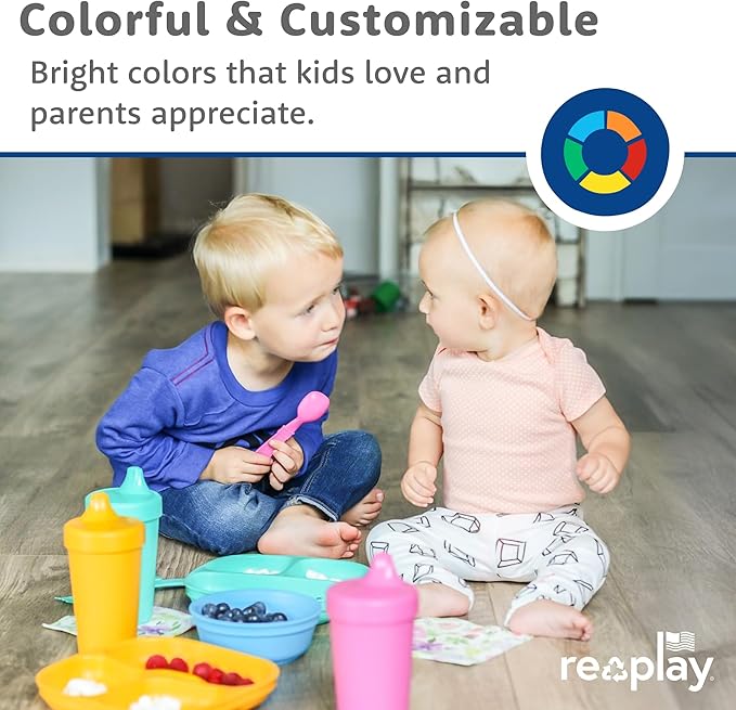 Re-Play Toddler Plates with Dividers - Deep-Walled 3 Compartments Divided Plates for Kids - Dishwasher & Microwave Safe - Made in USA - Set of 3-7.37" x 7.37" x 1.25" - Cool Blue