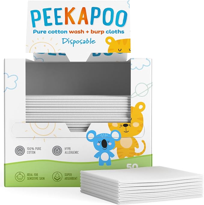 Peekapoo - Disposable Cotton Wash Cloths, Biodegradable, Baby Burp Cloths by PEEKAPOO