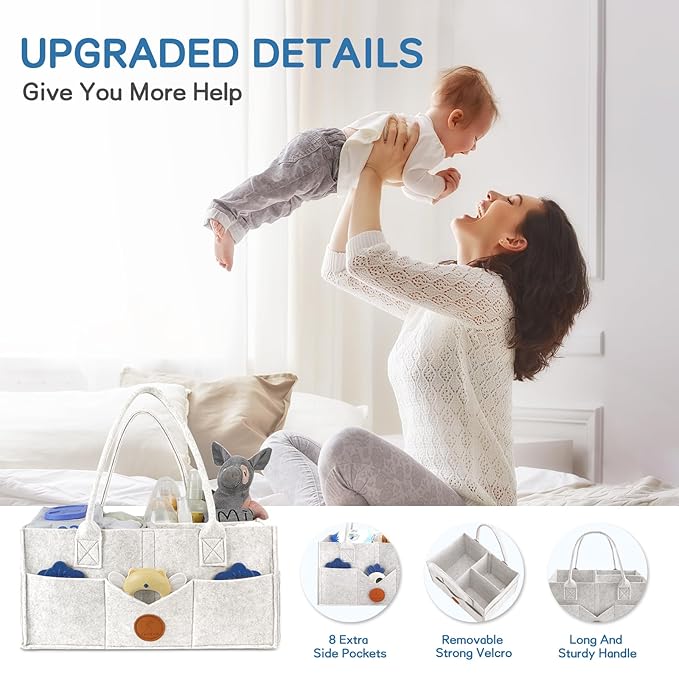 Maliton Baby Diaper Caddy, Nursery Storage Bin & Car Organizer with Handle, Large Felt Bag for Newborn essentials Boy or Girl, Changing Table Organizer for Baby Stuff, 15" x 9" x 7" Baby Shower Basket