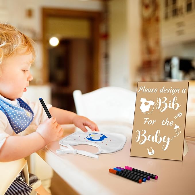 Newwiee 55 Pcs White Bibs for Baby Decorating Design a Bib Decorate Plain newborns Bibs Wooden Sign for Baby Shower Games Kit