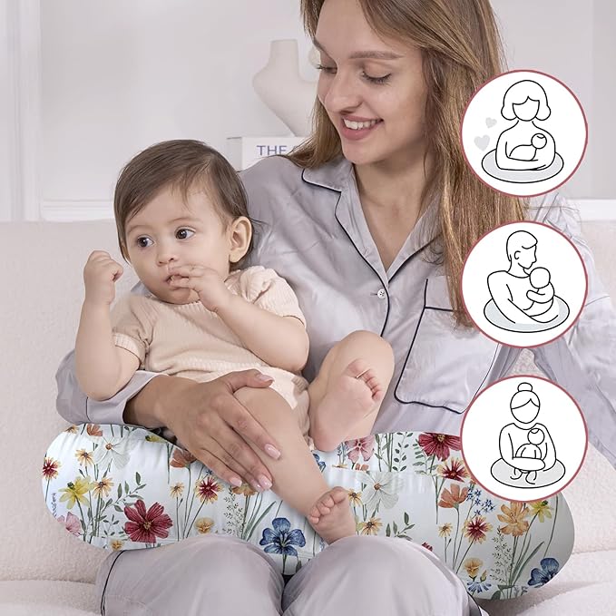 Little Grape Land Nursing Pillow,Upgraded Breast Feeding Pillow for Mom,Breastfeeding & Bottle Feeding for 0–16 Months, Soft Machine Washable Cover with Firm Breathable Filling, Tummy Time,Flower