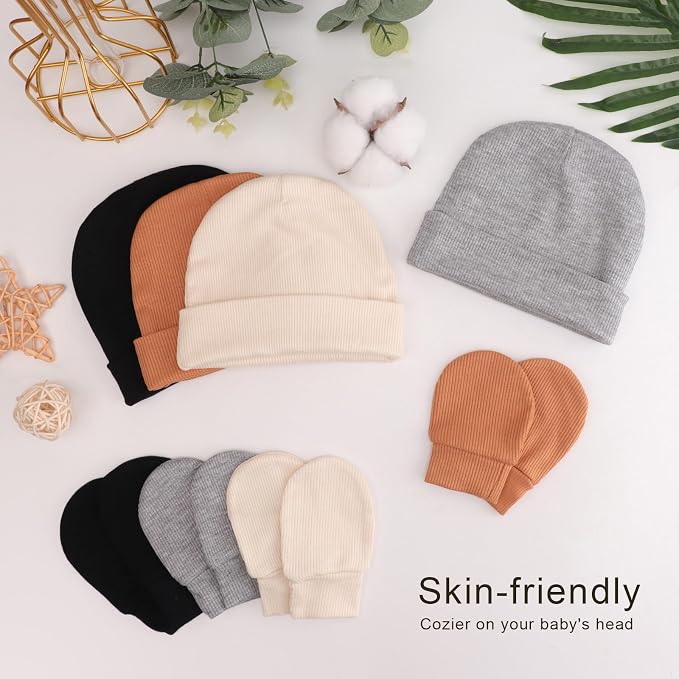 BQUBO Baby Hats and Mittens Infant Cotton Beanie Gloves No Scratch Set Newborn - Image 2