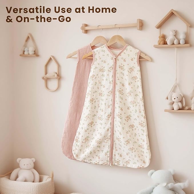Konssy Muslin Baby Sleep Sack 0-6 Months 0.8 TOG, 2 Pack 100% Cotton Wearable Blanket for Babies, 2-Way Zipper Breathable Sleeping Sack Infant Toddler Essentials for Girls and Boys (Blossom, Pink)