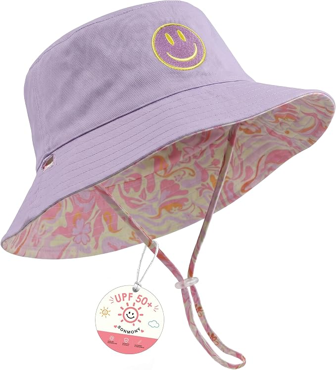 Toddler Hat Reversible Bucket Hat Happy Face Sun Hat Adjustable Chin Strap by SONMONY