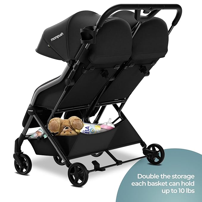 Mompush Lithe Double Stroller, Lightweight Side by Side Stroller for Newborn and Toddler, Easy Fold, Spacious Seats with Recline, UPF50+ Canopy