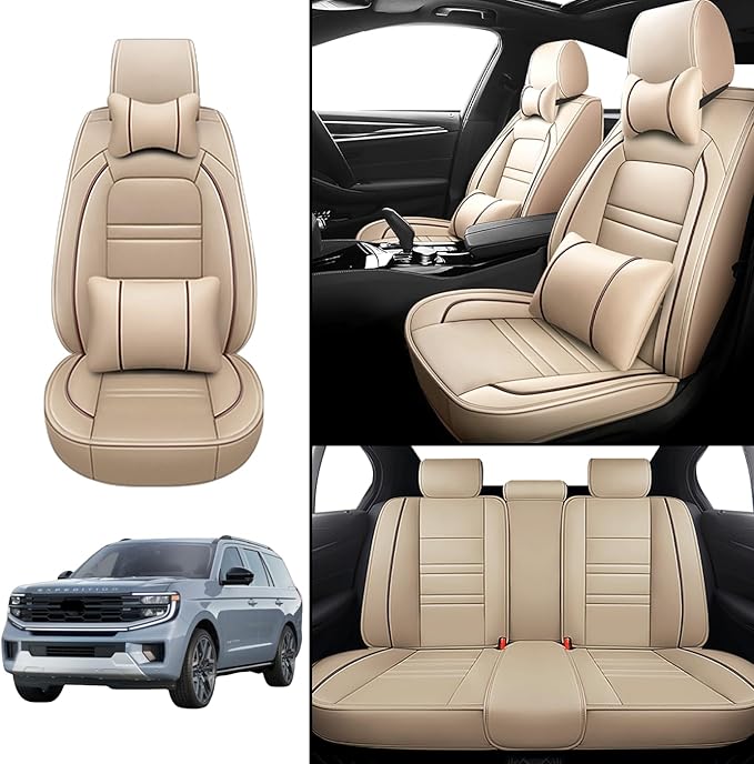 Car Seat Covers for Ford Expedition 1997-2025 | 5-Seats Seat Covers, Waterproof Seat Protectors, Automotive Seat Covers (Full Set with Pillow,Beige)