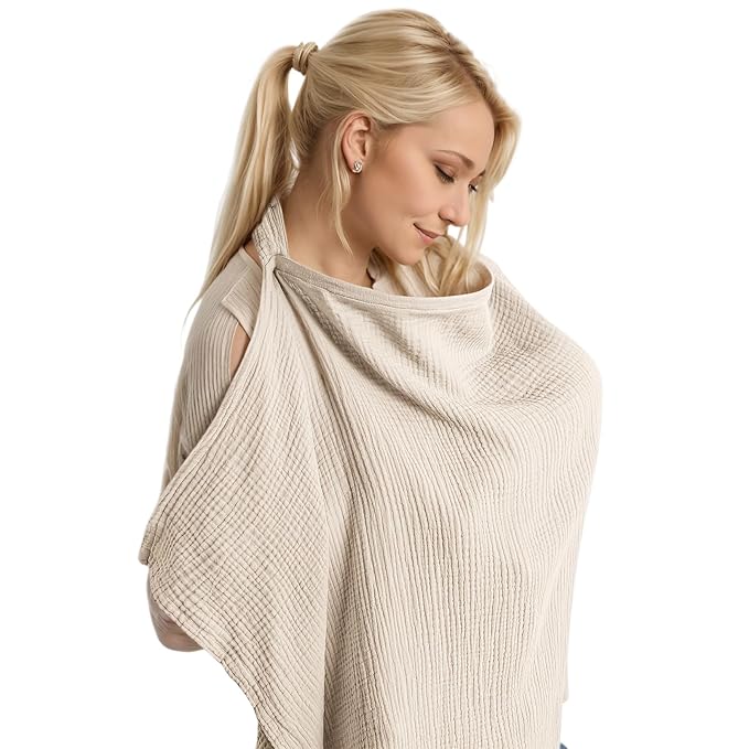 Muslin Cotton Nursing Cover Up for Baby Breastfeeding, Breathable & Soft Privacy Breastfeeding Cover with Arch Neckline for Mom and Baby, Multi-use Adjustable for Mother Nursing Apron