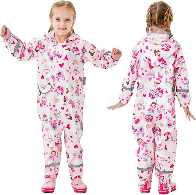 Fewlby Kids Toddler Rain Suit for Boys Girls One Piece Hoodie Zipper Cartoon by FEWLBY