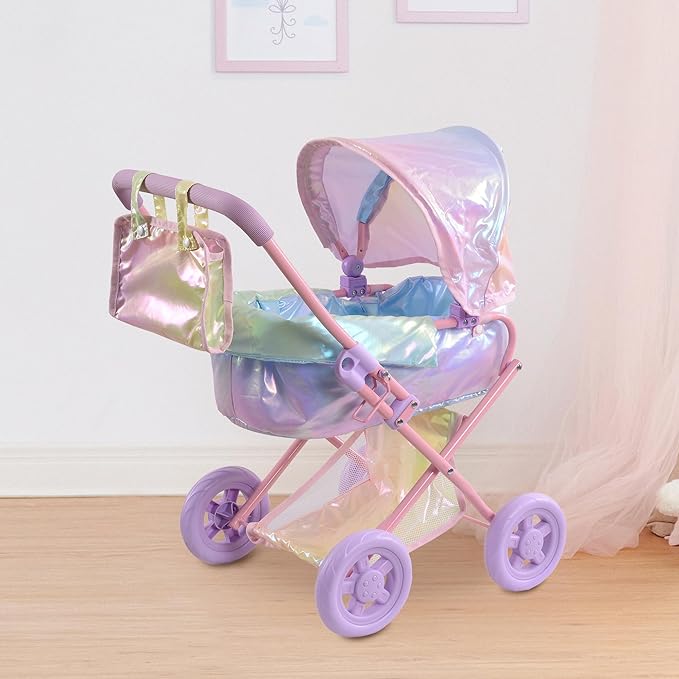 Olivia's Little World Baby Doll Stroller, 2-in-1 Doll Pram Buggy for Girls Age 3+, Fits up to 18” Dolls, Baby Stroller for Dolls, Stroller Toy for Kids, Iridescent