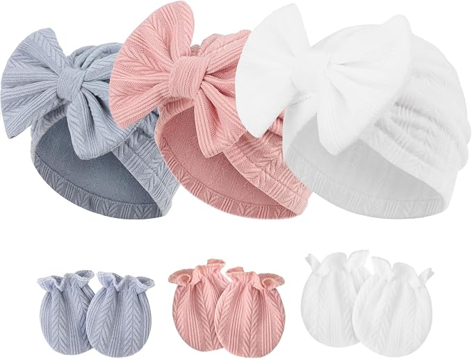 Newborn Baby Hats and Mittens Set Infant Bow Beanie Cap Toddler Gloves Newborn by AQOKKA