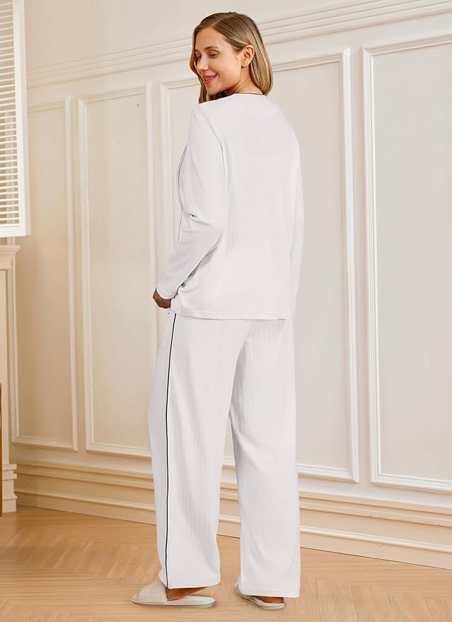OUGES 100% Cotton Women's Maternity Nursing Pajamas Sets Button Down Breastfeeding Loungewear Top & Pants with Pockets