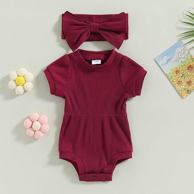 FOCUSNORM Baby Girl Summer Clothes Ribbed Short Sleeve Romper Solid Color - Image 2