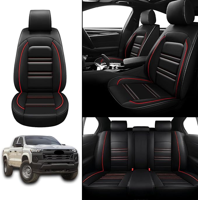 Seat Covers for Chevy Colorado 2004-2025 | 5-Seats Leather Seat Covers, Easy to Install Automotive Seat Covers Full Set (Full Set, Black&Red Line)