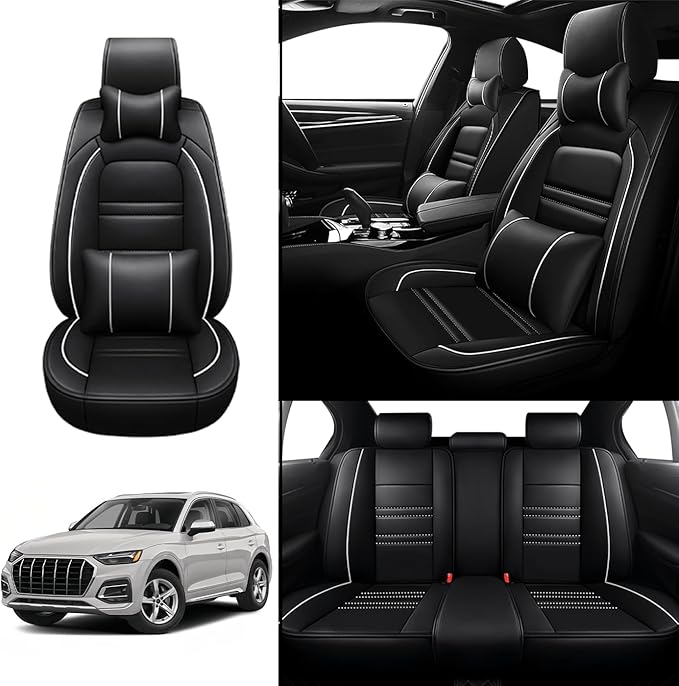 Car Seat Covers for Audi q5 2009-2025 | 5-Seats Seat Covers, Waterproof Seat Protectors, Automotive Seat Covers (Full Set with Pillow,Black&White Line)
