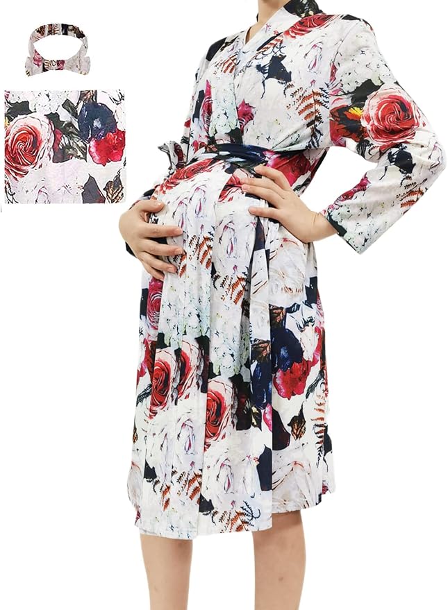 SUFEINI Maternity Robe and Matching Baby Swaddle Blanket Set, Mommy Robe by SUFEINI