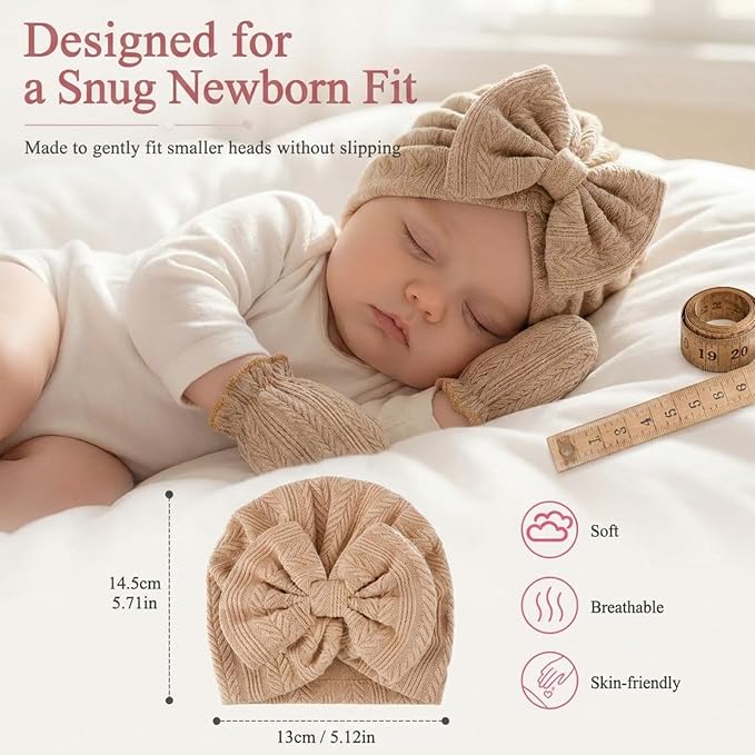 8 Sets Newborn Baby Girl Bow Hats and Mittens Turban Beanies 0-3M | Cotton - Image 3