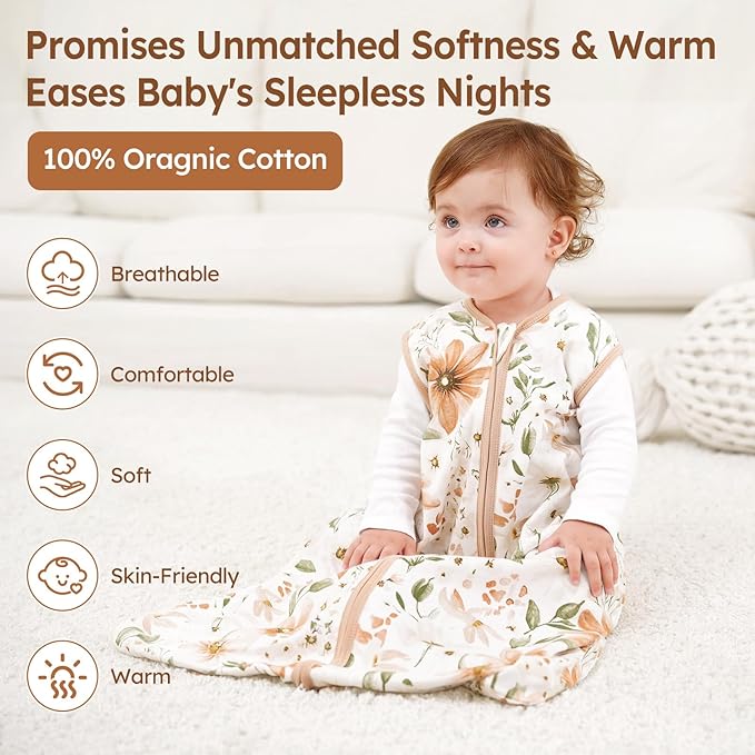 Baby Sleep Sack 12-18 Months 100% Cotton Lightweight 0.5 TOG Wearable Blanket Baby Sleep Bag with 2-Way Zipper for Infant Toddler Orange Flowers