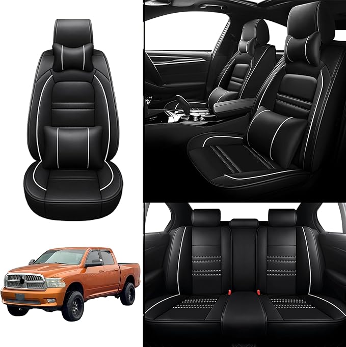 Car Seat Covers for Dodge ram 2004-2011 | 5-Seats Seat Covers, Waterproof Seat Protectors, Automotive Seat Covers (Full Set with Pillow,Black&White Line)