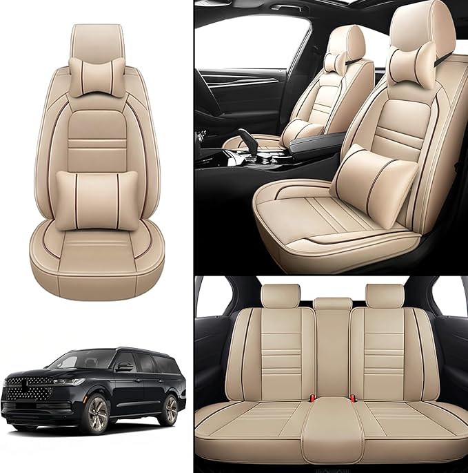 Car Seat Covers for Lincoln Navigator 1998-2025 | 5-Seats Seat Covers, Waterproof Seat Protectors, Automotive Seat Covers (Full Set with Pillow,Beige)