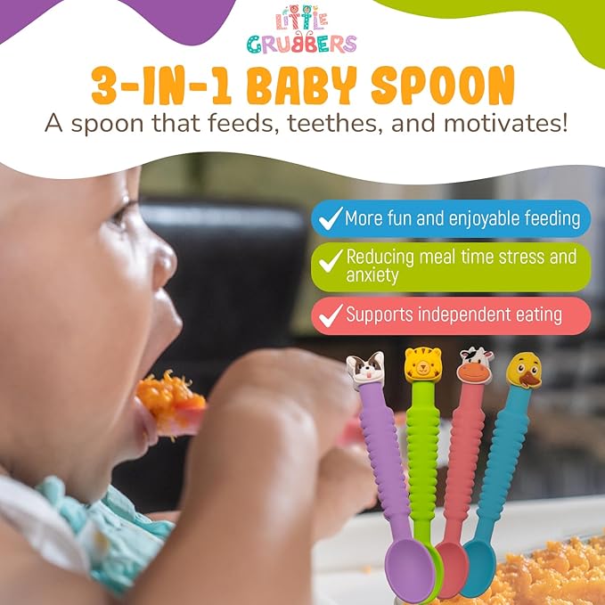 3-in-1 Silicone Baby Spoon Self Feeding 6+ Months - Pediatric OT Designed Teether Spoon, BPA Free Toddler Utensils, Mess-Free, Fun for Baby Led Weaning Supplies, Dog & Cow