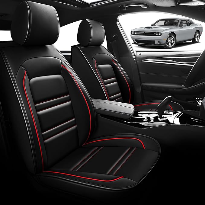 Seat Cover for Dodge Challenger 2008-2023 | Car Seat Covers Front Seats, Waterproof Seat Protectors, Automotive Front Seat Covers (Front Seat, Black&Red Line)