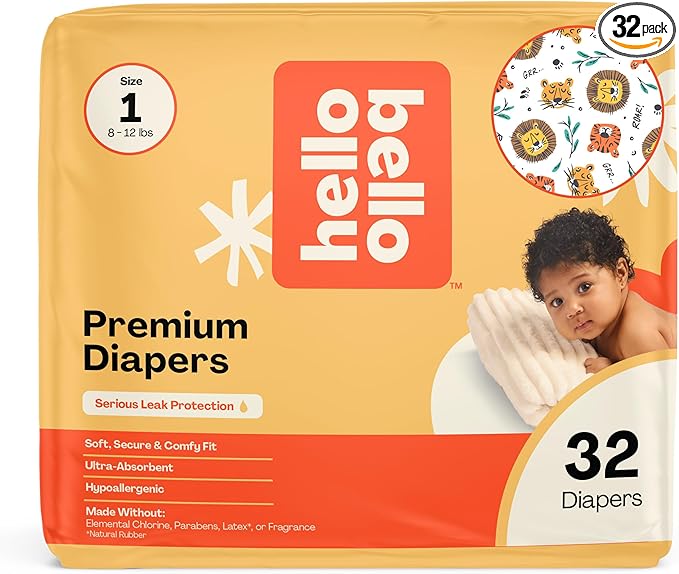 Hello Bello Diapers, Size 1 (8-12 lbs) Wild Cats, 32 Count of Premium Disposable Baby Diapers, Hypoallergenic with Soft, Cloth-Like Feel