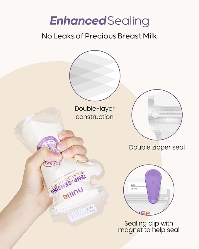 Nuliie 150pcs Temp-Sensing Breastmilk Storage Bag, Huge Temp-Sensing Icon & Locking Clamp, 6oz Breast Milk Storage Bags Freezer Pour Spout, Self Standing Milk Storage Bags Breastmilk, BPA-Free No-Leak