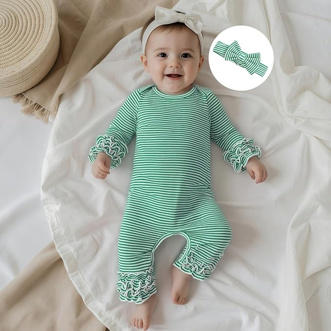 Newborn Baby Girl Clothes Jumpsuit Ruffle Romper Bodysuit Pants Headband - Image 2