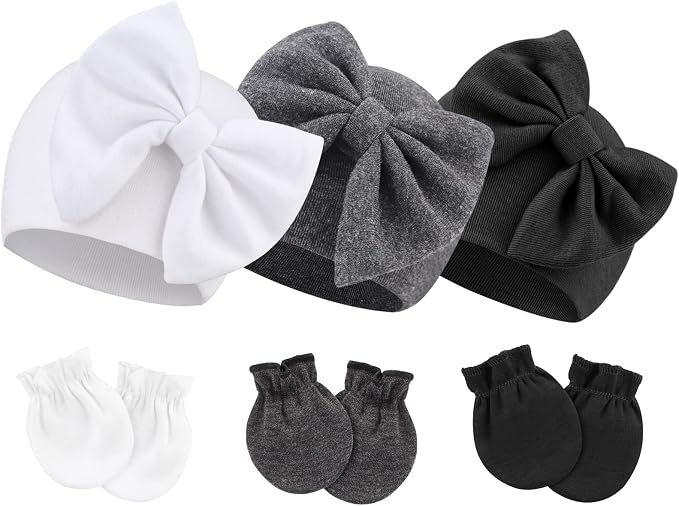 Newborn Baby Hats and Mittens Set Infant Bow Beanie Cap Toddler Gloves Newborn by AQOKKA