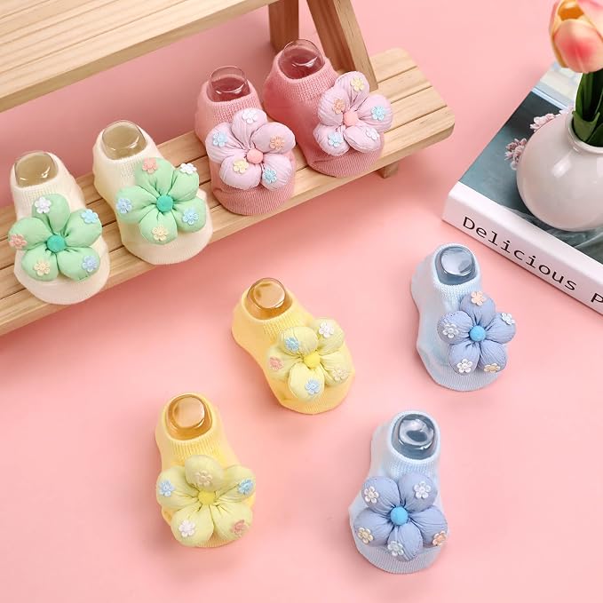 4Packs Baby Girls Socks, Flower Non-Slip Grips - Image 6