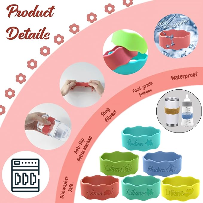 Personalized Baby Bottle Labels for Daycare Custom Water Bottle Name Bands Customized Engraved Silicone Baby Reusable Bottle Straps Labels for Cups School-Coral Red