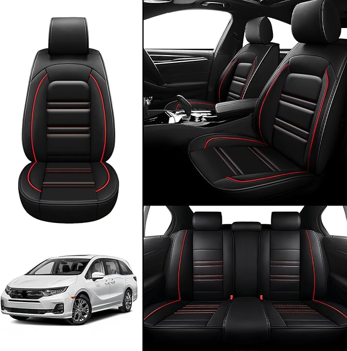 Seat Covers for Honda Odyssey 2005-2025 | 5-Seats Leather Seat Covers, Easy to Install Automotive Seat Covers Full Set (Full Set, Black&Red Line)