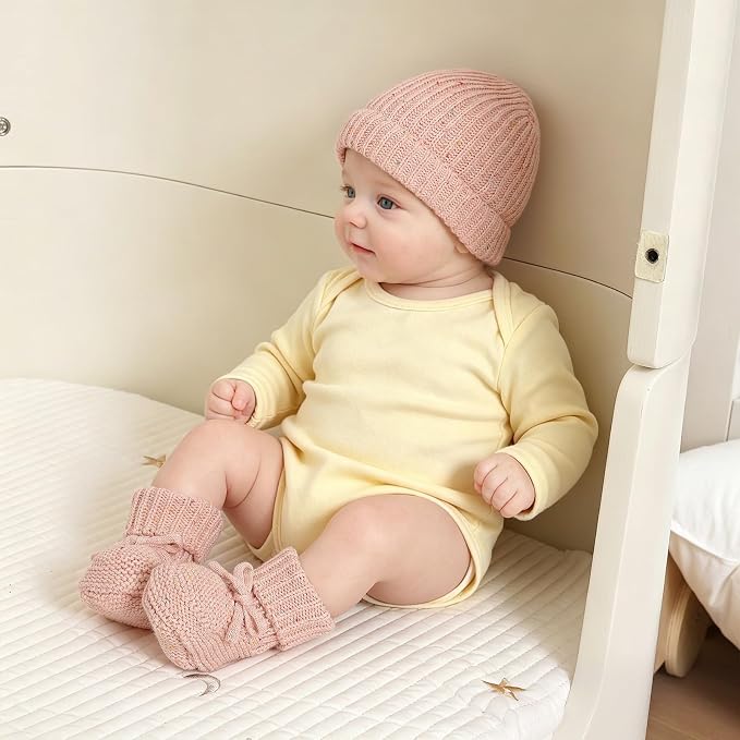 LAWKUL Baby Beanie and Booties 2-Piece Set | Newborn, Knit Hat, Cotton Sock - Image 3