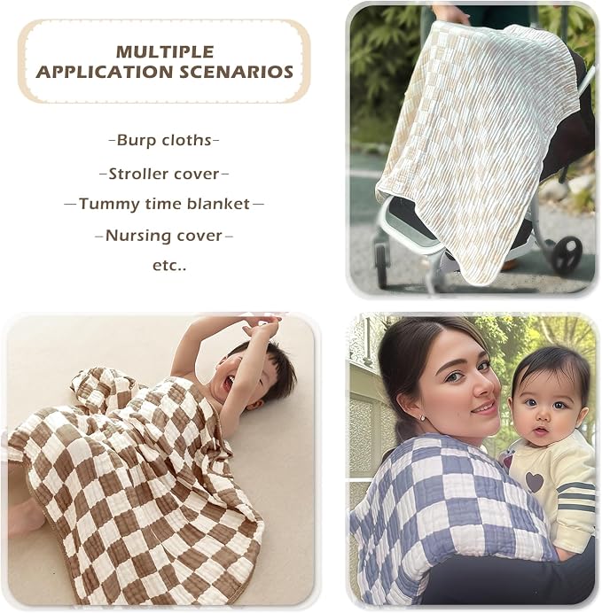 Ultra Soft Checkered Muslin Baby Blanket 2 Pack Cotton Swaddle Blanket 43" | 6 - Image 4