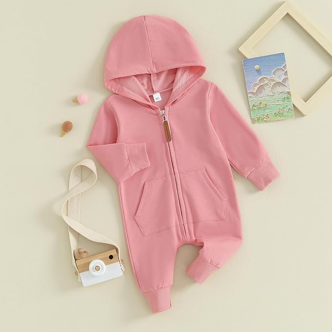 Infant Baby Boy Girl Clothes Solid Hoodie Romper Zip Up Long Sleeve Hooded - Image 2