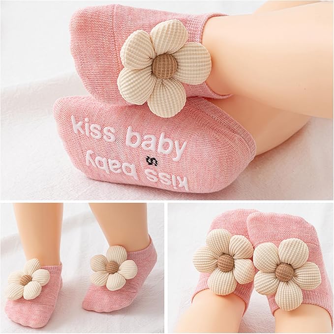 4Packs Baby Girls Socks, Flower Non-Slip Grips - Image 4