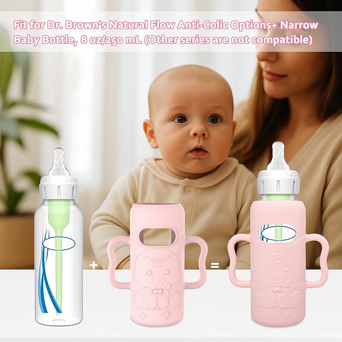 KingKam 4 Pack Silicone Sleeves for Dr. Brown's Glass Baby Bottles, Drop Protection Easy-Grip Baby Bottle Sleeves Holder with Handles, Compatible with Dr. Brown's Narrow Glass Bottles 8oz