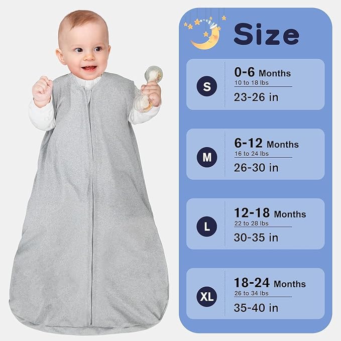 Baby Sleep Sack 18-24 Months Baby Wearable Blanket 100% Rayon Cotton 2-Way Zipper Toddler Sleeping Sack，Comfy Soft Lightweight TOG 0.3(grey)
