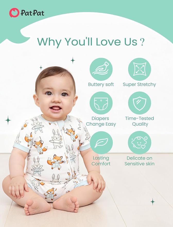PATPAT Baby Boy and Girl Bamboo Viscose 2-Pack Romper | 2-Way Zipper, Soft and - Image 3