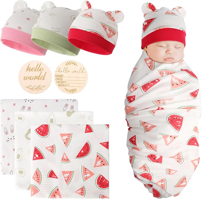 DRESHOW BQUBO Cotton Baby Swaddle Hat Set Newborn Infant Receiving Blankets by DRESHOW