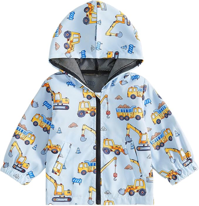 Toddler Baby Boy Lightweight Hooded Jacket Excavator Coat Outwear | Truck Print by Rourufy