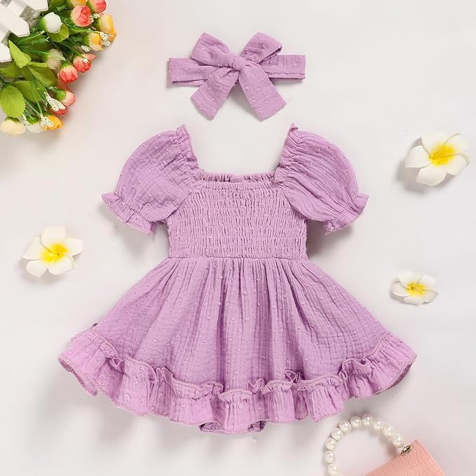 GRNSHTS Baby Girl Romper Dress, Puff Sleeve Smocked Outfit - Image 2