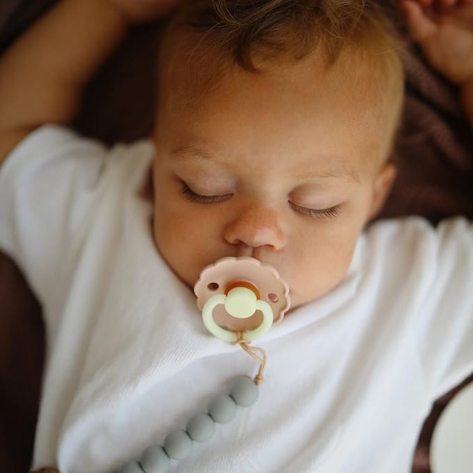 FRIGG Daisy Night Natural Rubber Baby Pacifier | Made in Denmark | BPA-Free (French Gray/Croissant, 6-18 Months) 2-Pack