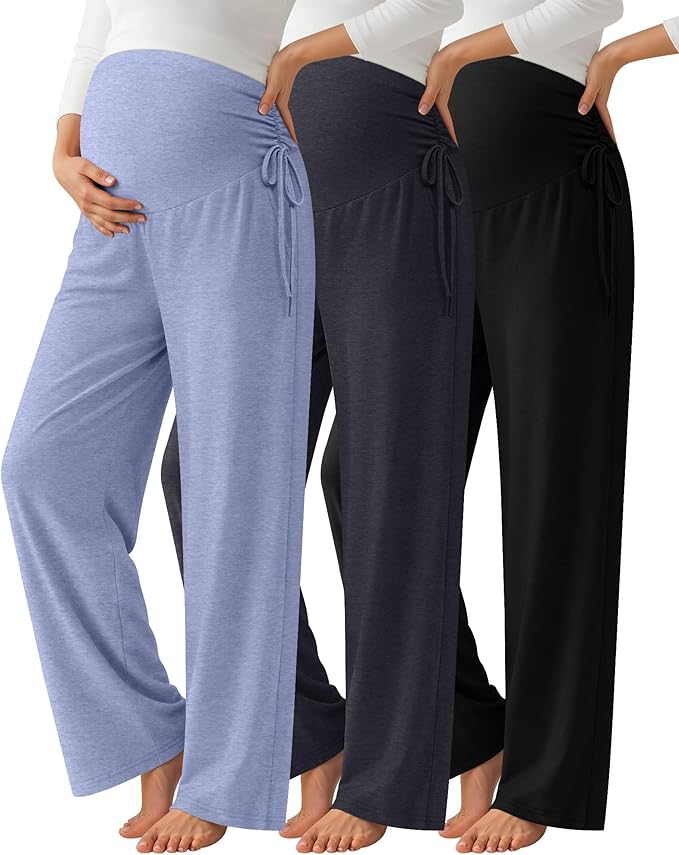 Neer 3 Pack Women's Maternity Pants Over The Belly Loose Pregnancy Pants Stretchy Lounge Wide Leg Trousers with Pockets