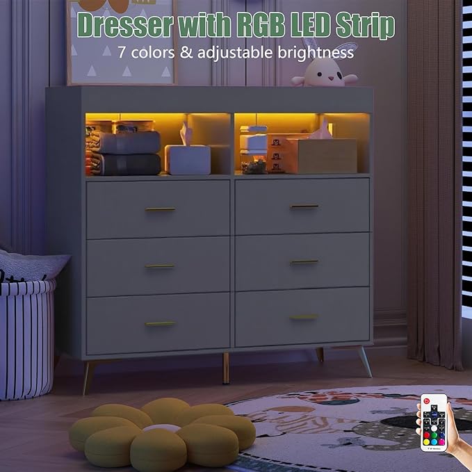 GarveeHome Dresser for Bedroom with 6 Drawers, Baby Changing Table Dresser with Changing Pad, LED Lights & Charging Station, Baby Changing Station with Changing Table Top