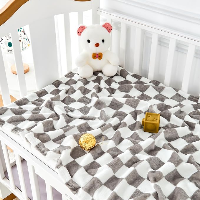 Yurhap Checkered Baby Blanket Fleece Baby Blankets Neutral - Image 2