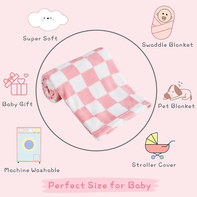 Yurhap Checkered Baby Blanket for Girls Pink Fleece Baby Blankets for Girls Boys - Image 7
