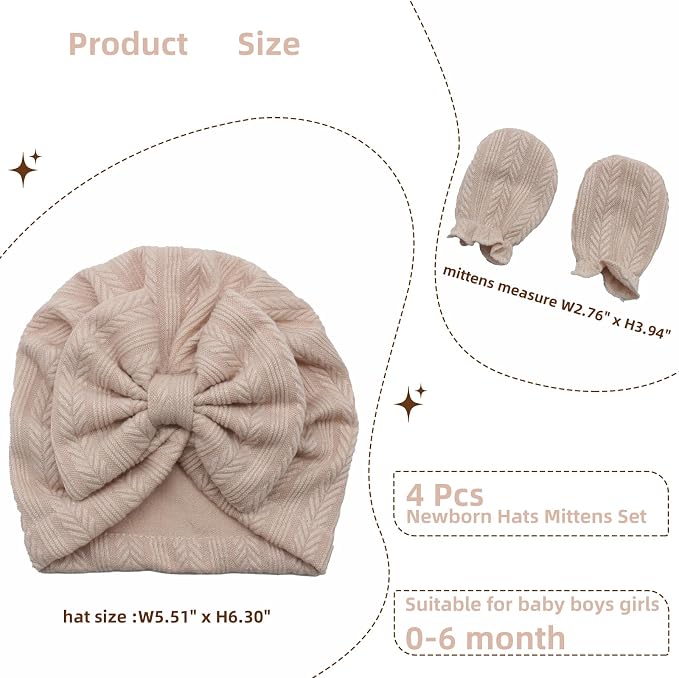 4 Pcs Newborn Hats Mittens Set Infant Cap Bow Hospital Beanie Preemie Hat - Image 3