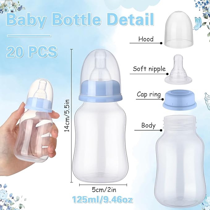 TrelaCo Bottle Chug Baby Shower Game Sign 20 Pcs Baby Bottles Shower Favor Plastic Greenery Flowers Bear Elephant Butterfly Gift Set for Gender Reveal Party(Cute Elephant,Blue)