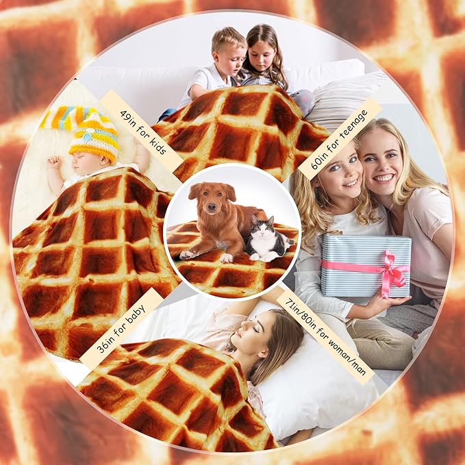 Waffle Blanket Adult/Kids/Baby,Tortilla Throw Blanket 80 Inch,Realistic Fleece Warm Soft Taco Blanket for Bed/Office/Travel/Gift